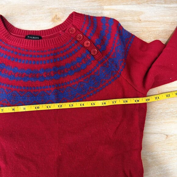 Talbots Sweater Womens Medium Red Blue Fair Isle Pullover Lambswool Blend Knit - Picture 10 of 11